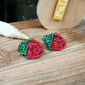 Strawberry Beaded Embroidery Stud Earrings, Handmade OOAK Artisan Fruit